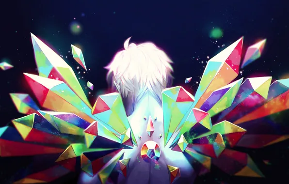 Back, lights, crystals, guy, white hair, blue background, art, Rainbow gem