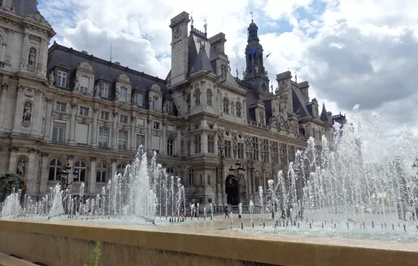 France, Paris, fountain, town hall, The hotel de Ville