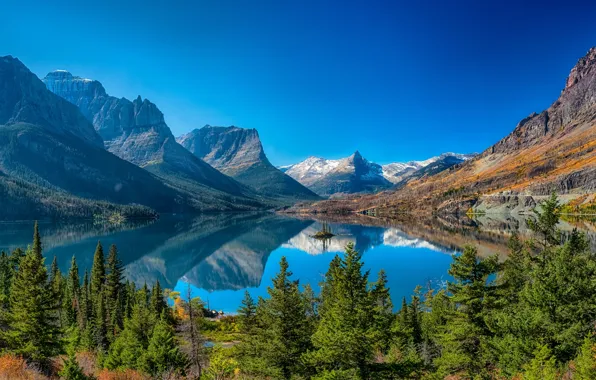 Trees, mountains, lake, reflection, Montana, Glacier National Park, Saint Mary Lake, Rocky mountains