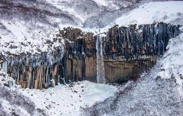 Picture snow, rocks, waterfall, Iceland