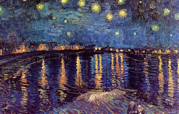Picture night, river, boats, lights, pair, Vincent van Gogh, Starry Night, Over the Rhone