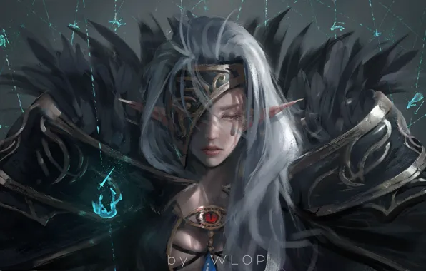 Girl, magic, elf, anime, warrior, armor, dungeon and fighter, wlop