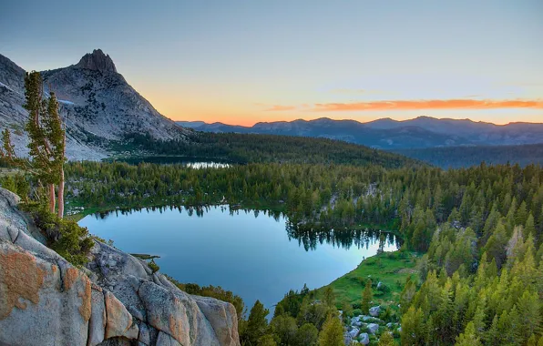 Picture the sky, clouds, trees, mountains, rocks, lake, USA, Yosemite National Park