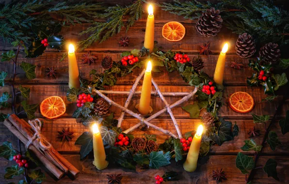 Picture branches, berries, star, candles, cinnamon, wreath, bumps, Winter solstice