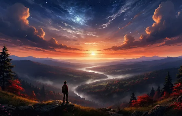 Picture clouds, sunset, mountains, river, valley, traveler, digital art, fantastic landscape
