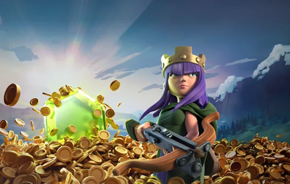Picture game, gold, crown, queen, bow, Arrow, Archer, montain