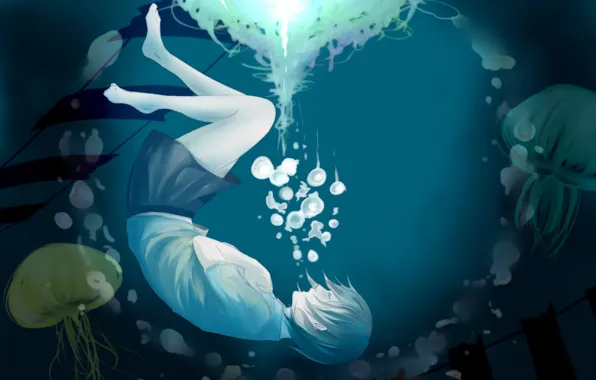 Girl, bubbles, anime, art, jellyfish, under water, sachi, cmas125