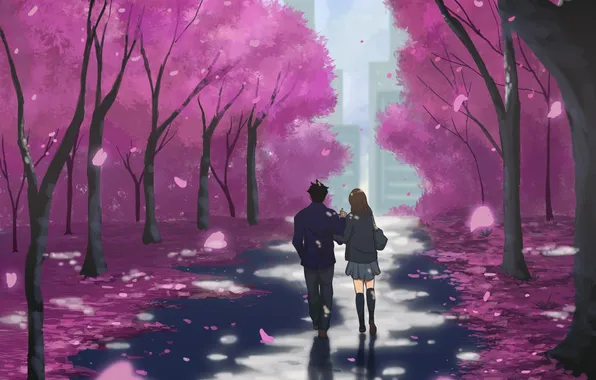 Girl, trees, the city, home, anime, Sakura, art, form