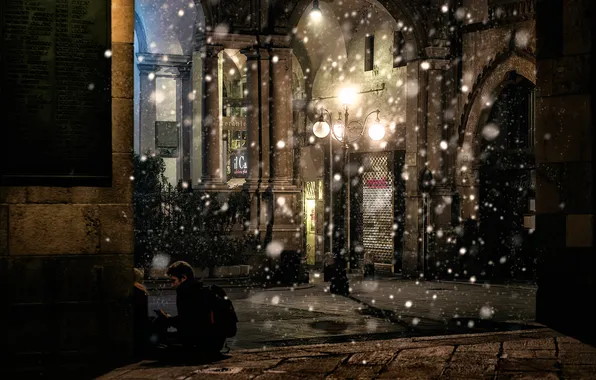 Snow, night, lantern, Milano, piazza Mercanti-Mercanti square