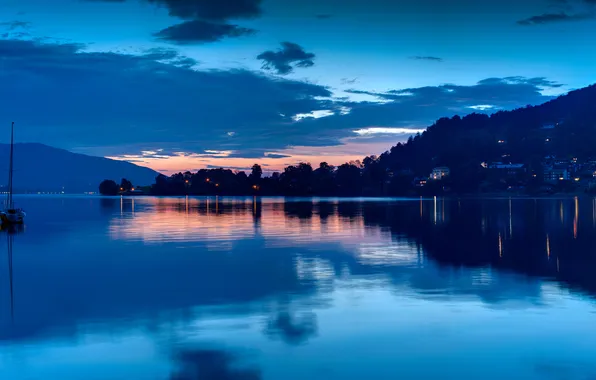 Lights, lake, coast, the evening, yacht