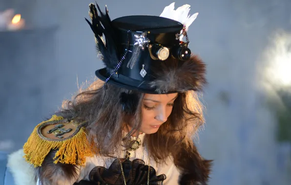 Girl, model, hair, hat, dress, Nensi A, epaulettes