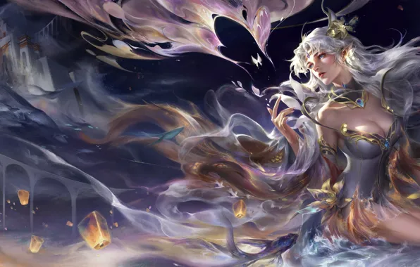 Girl, butterfly, castle, magic, lanterns, Diao Chan, Honor of Kings