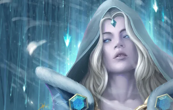 Picture girl, snow, art, blonde, chain, Crystal Maiden, Dota 2, ice arrows