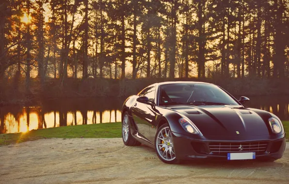 Sunset, Auto, River, Ferrari, GTB, 599, Supercar