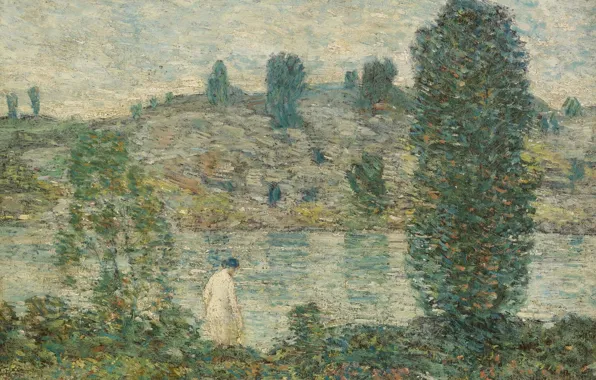 Picture girl, trees, landscape, river, picture, Summer evening, Frederick Childe Hassam, Childe Hassam