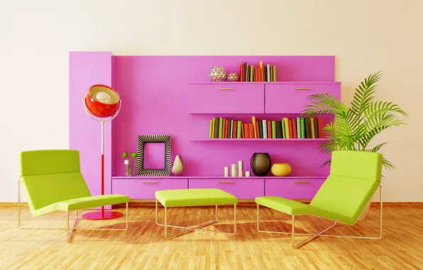 Picture color, design, style, room, bright, books, lamp, chair