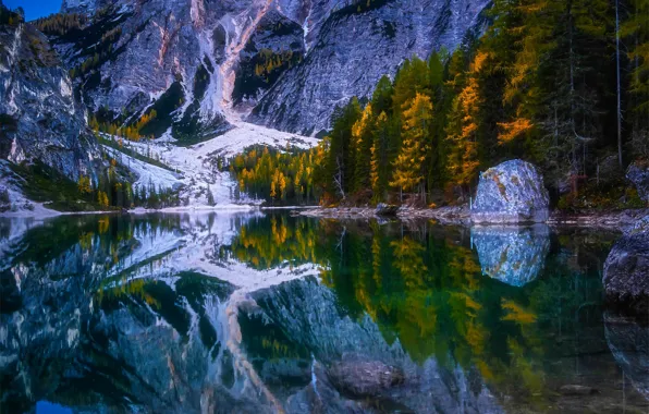 Autumn, trees, mountains, lake, reflection, Italy, Italy, The Dolomites