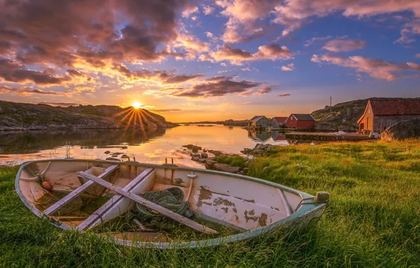 The sky, clouds, sunset, lake, Wallpaper, boat