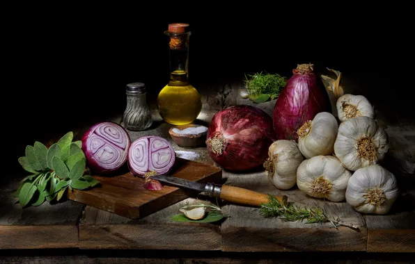 Picture greens, oil, food, bow, knife, black background, still life, items