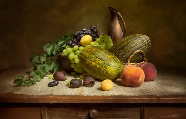 Table, grapes, bowl, pitcher, fruit, still life, peaches, burlap