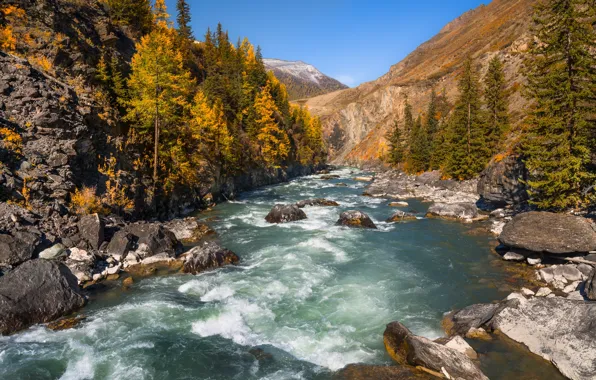 Picture autumn, the sky, trees, mountains, nature, river, stones, Russia