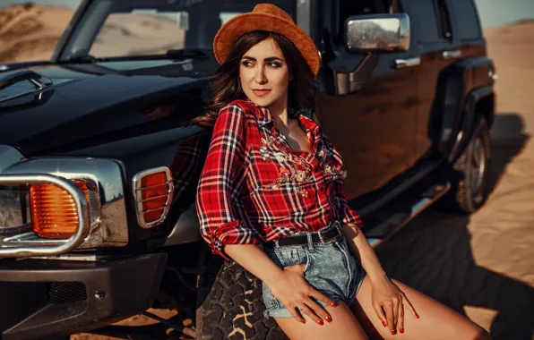 Sand, machine, auto, girl, pose, desert, shorts, hat