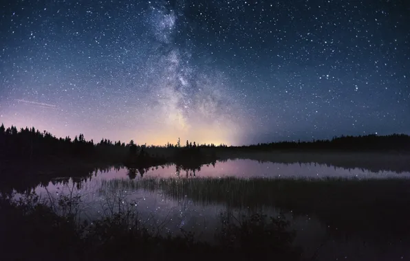 Picture the sky, stars, night, lake, the milky way
