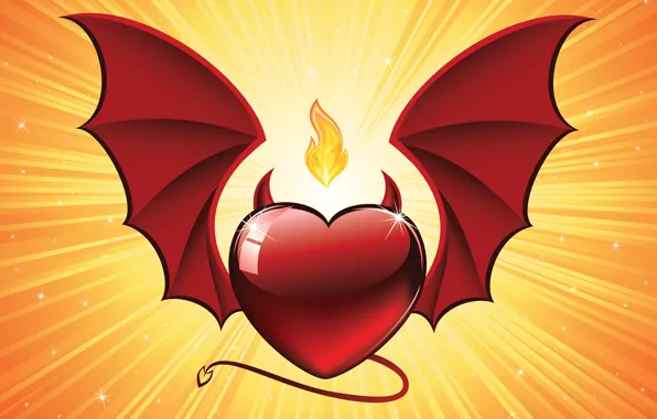 Picture background, fire, wings, Heart, horns