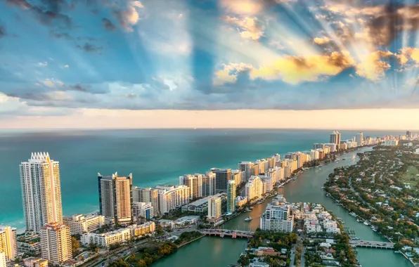 Sea, the sky, clouds, coast, home, Miami, FL, horizon