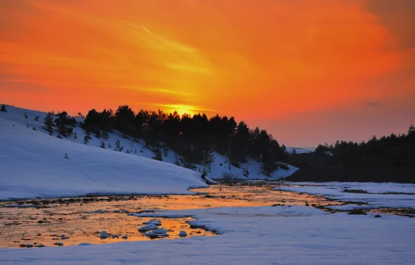 Picture cold, winter, snow, trees, sunset, river, hills
