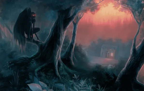 Forest, trees, night, house, the demon, art