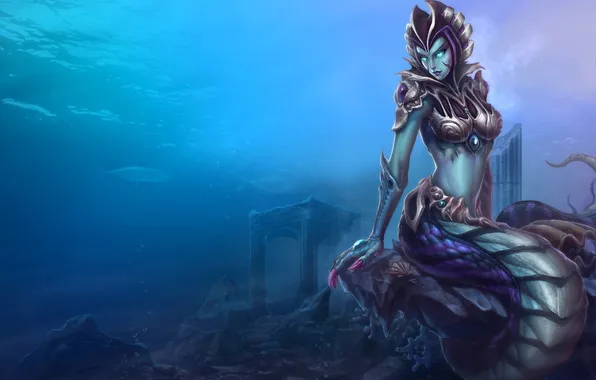 Picture fish, sink, tail, armor, ruins, under water, league of legends, cassiopeia