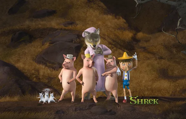 Picture cartoon, wolf, pigs, Shrek 4, nanny