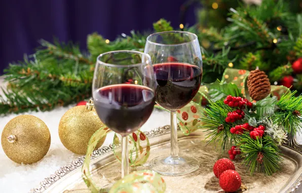 Berries, holiday, wine, balls, new year, spruce, glasses, tape
