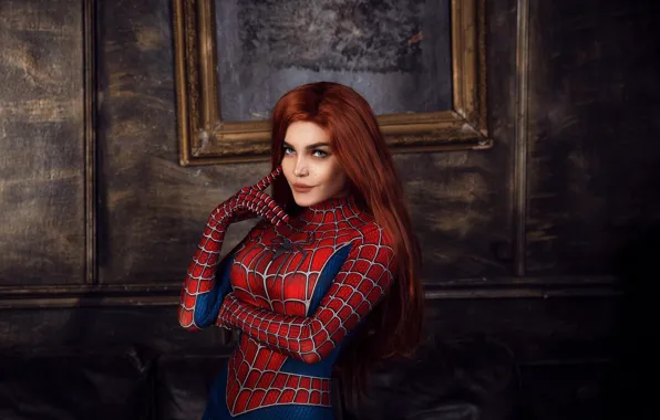Girl, face, red, girl, beautiful girl, face, Spider-Man, Christina Fink