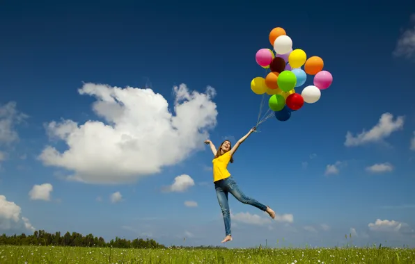 The sky, grass, girl, clouds, balls, flight, joy, happiness