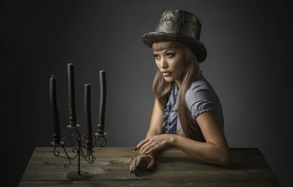 Picture portrait, hat, candles, makeup, exotic, witch, sorcerer