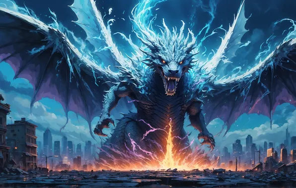 The city, flame, dragon, destruction, fantasy