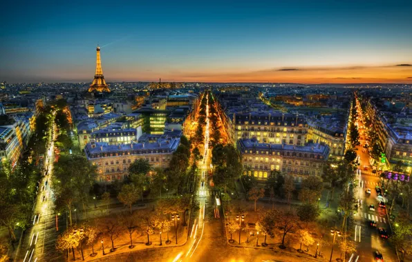 The sky, trees, night, clouds, the city, lights, France, Paris
