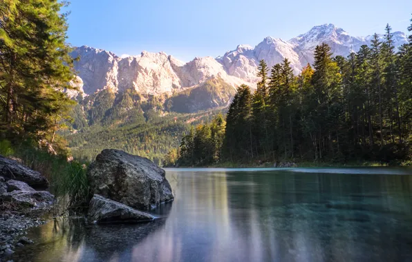 Forest, trees, mountains, lake, stones, rocks, Germany, Sunny