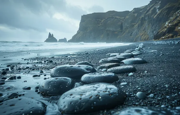 Sea, beach, fog, pebbles, stones, rocks, shore, AI art