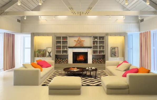 Sofa, graphics, pillow, fireplace, Design, living room, room, Interior