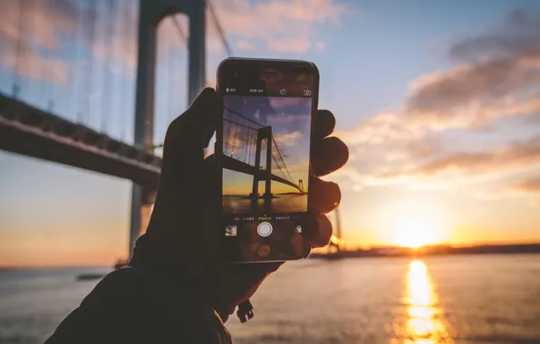 Winter, landscape, sunset, reflection, iPhone, hand, picture, New York