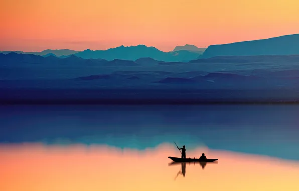 Picture the sky, mountains, lake, fishermen, sky, the reflection in the water, mountains, lake