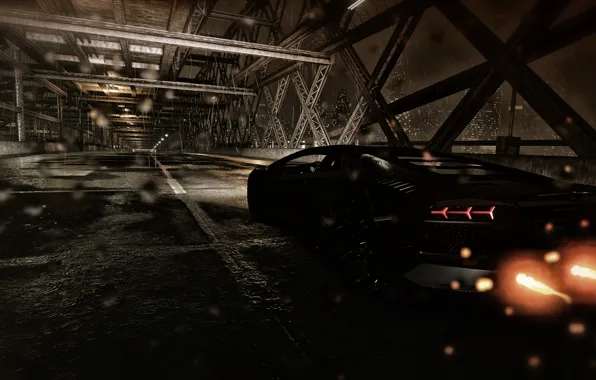 Road, drops, night, bridge, the city, rain, the game, Lamborghini