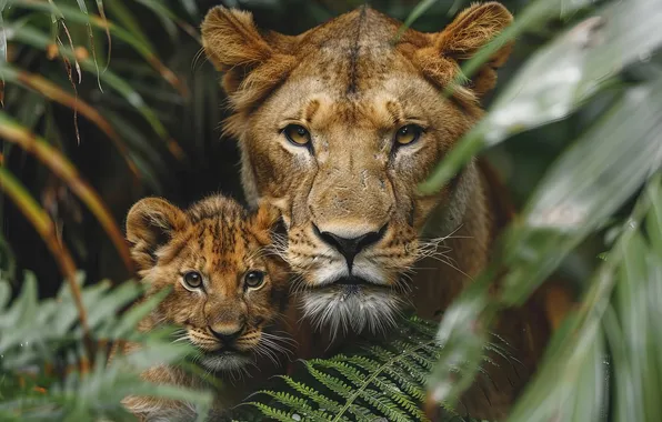 Kitty, Leaves, Lioness, Cub, Face, Two, Digital art, Big cat