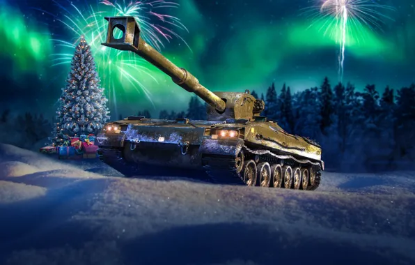 Picture Winter, Night, Salute, Christmas, New year, Sweden, Tank, Tree