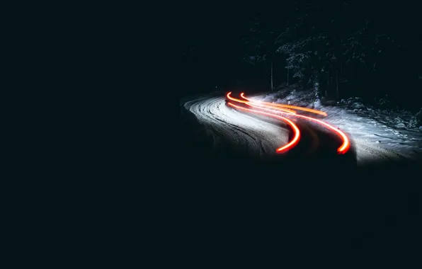 Winter, road, night, lights