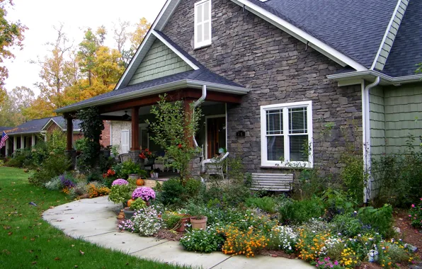 Grass, flowers, lawn, track, mansion, the bushes, autumn.house