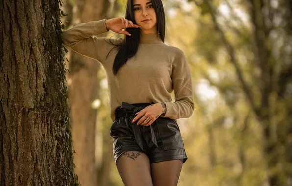 Shorts, Pose, Brunette, Feet, Tights, Blouse